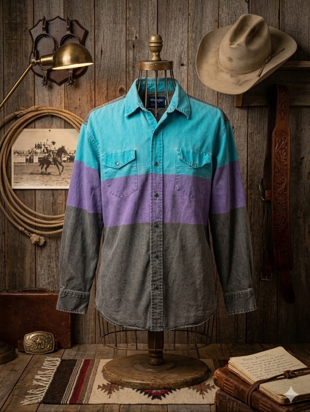 Vtg 90s Wrangler BRUSHPOPPER Western Shirt Colorblock Made in Canada XL Tall
